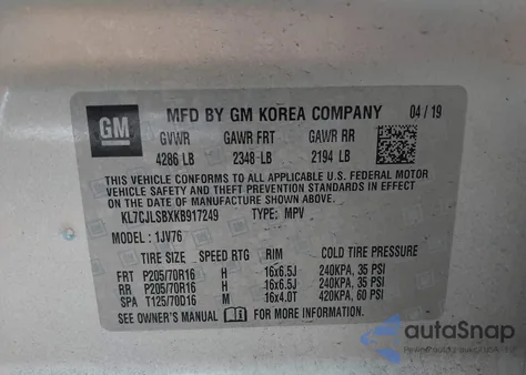 2019 Chevrolet Trax Lt from USA, damaged, VIN KL7CJLSBXKB917249